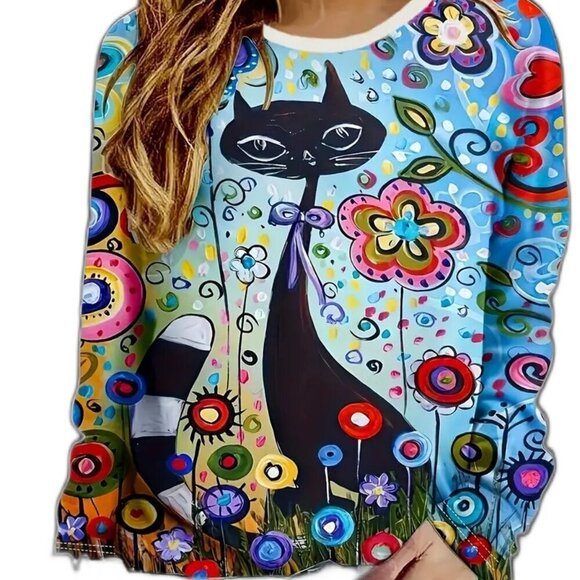 NEW Colorful Flower and Cats Top  Sizes - Picture 1 of 4